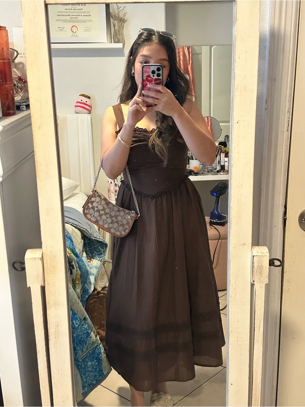 American Eagle Brown Corset V-Waist Midi Dress Lace Smocked Coquette